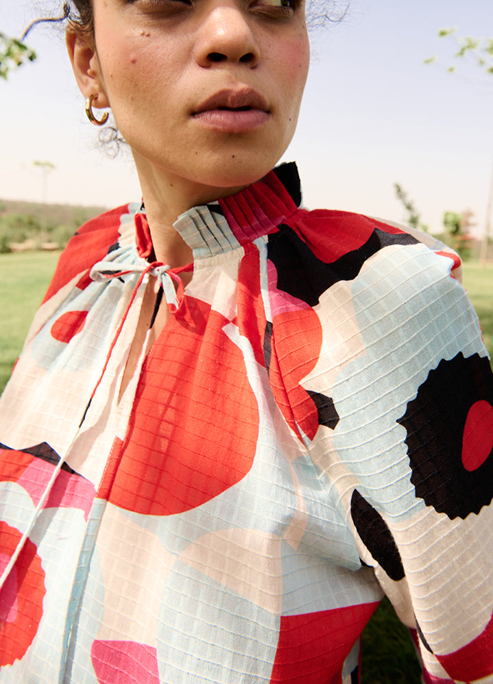 A Model Wearing Multicolor Linen Cotton Pixel Mekko (Sky & Red)Daisy Dress, curated by Only Ethikal