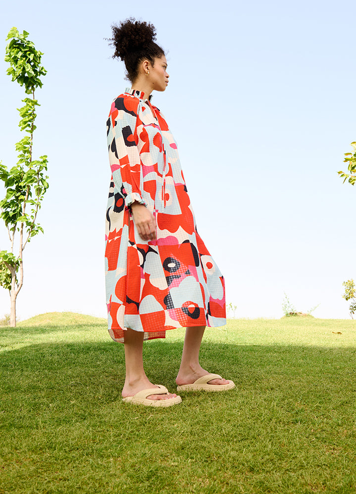 A Model Wearing Multicolor Linen Cotton Pixel Mekko (Sky & Red)Daisy Dress, curated by Only Ethikal