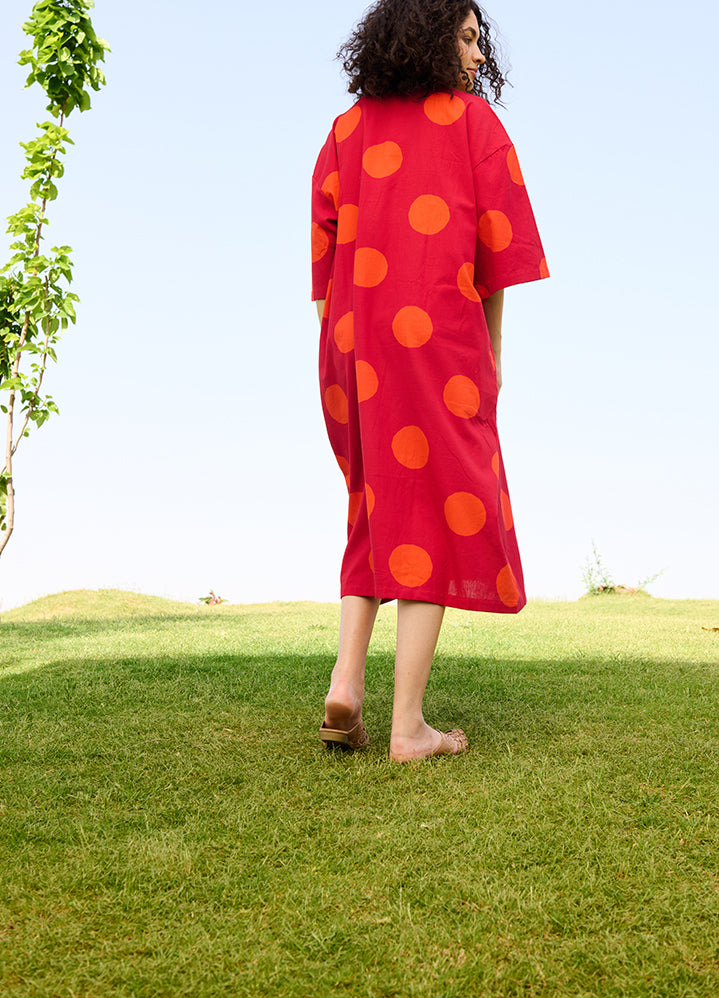 A Model Wearing Multicolor Linen Cotton Small Polka Redmarie Dress, curated by Only Ethikal