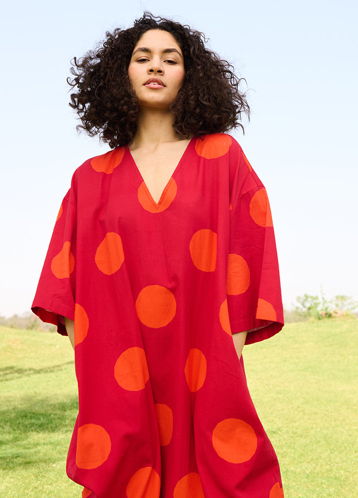 A Model Wearing Multicolor Linen Cotton Small Polka Redmarie Dress, curated by Only Ethikal