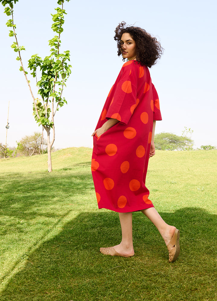 A Model Wearing Multicolor Linen Cotton Small Polka Redmarie Dress, curated by Only Ethikal