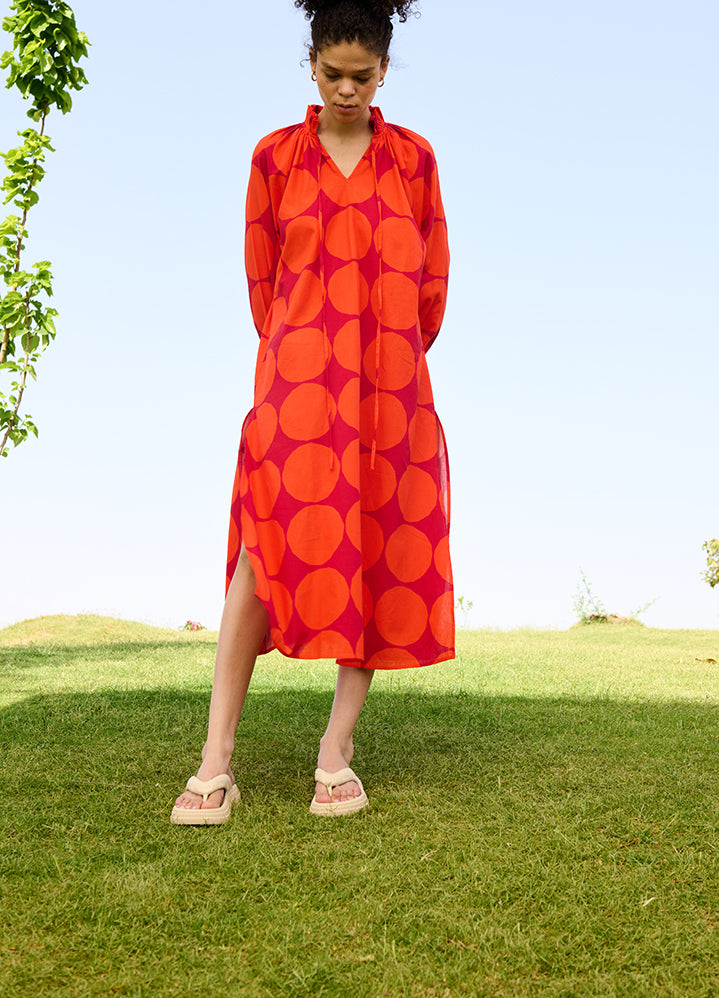 A Model Wearing Multicolor Linen Cotton Polka Red Daisy Dress, curated by Only Ethikal