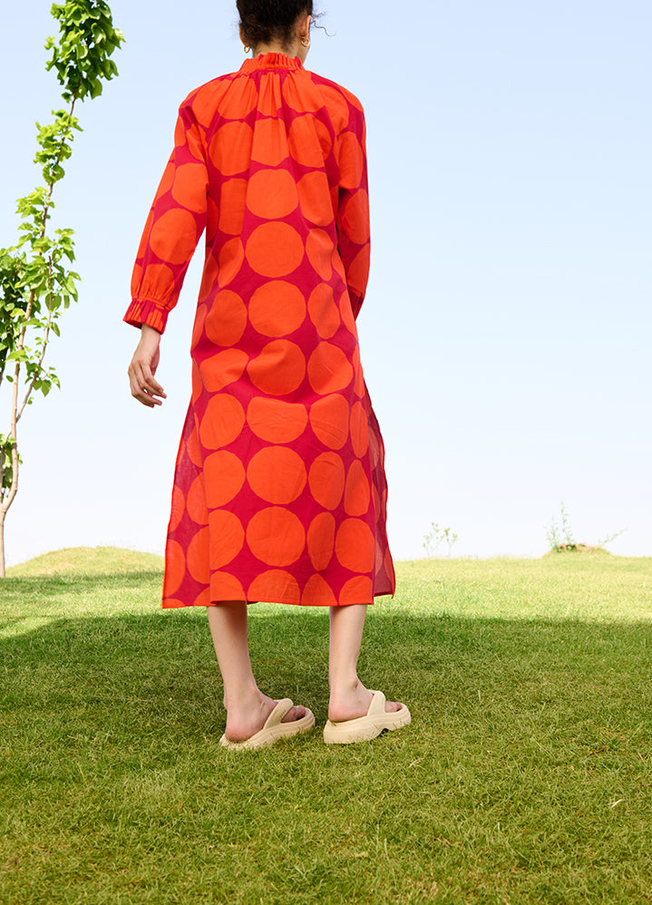 A Model Wearing Multicolor Linen Cotton Polka Red Daisy Dress, curated by Only Ethikal