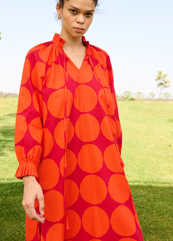 A Model Wearing Multicolor Linen Cotton Polka Red Daisy Dress, curated by Only Ethikal