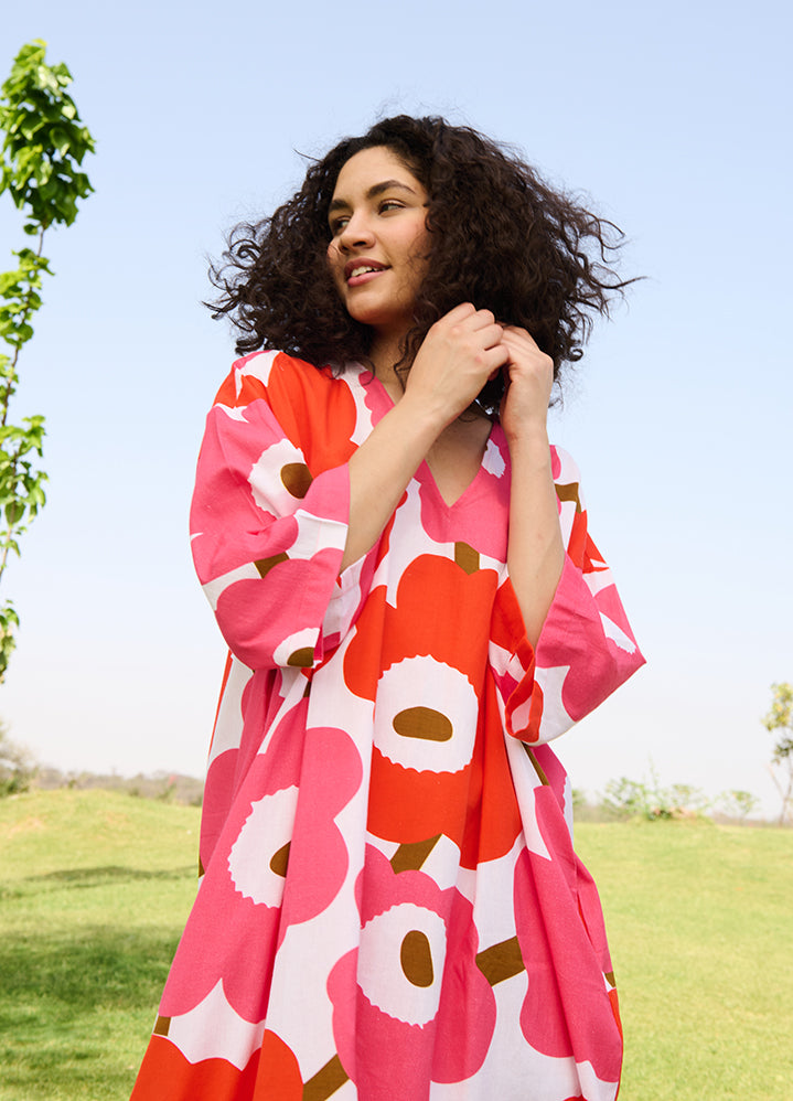 A Model Wearing Multicolor Linen Cotton Candy Mekkomarie Dress, curated by Only Ethikal