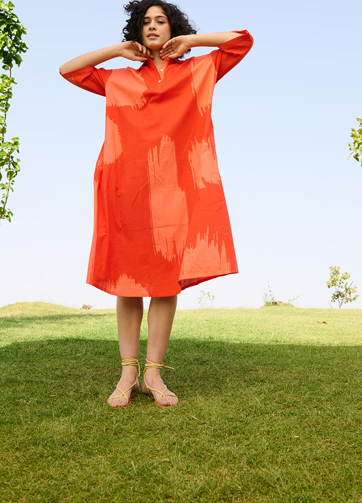 A Model Wearing Multicolor Linen Cotton Orange Brush Strokemadame Dress, curated by Only Ethikal