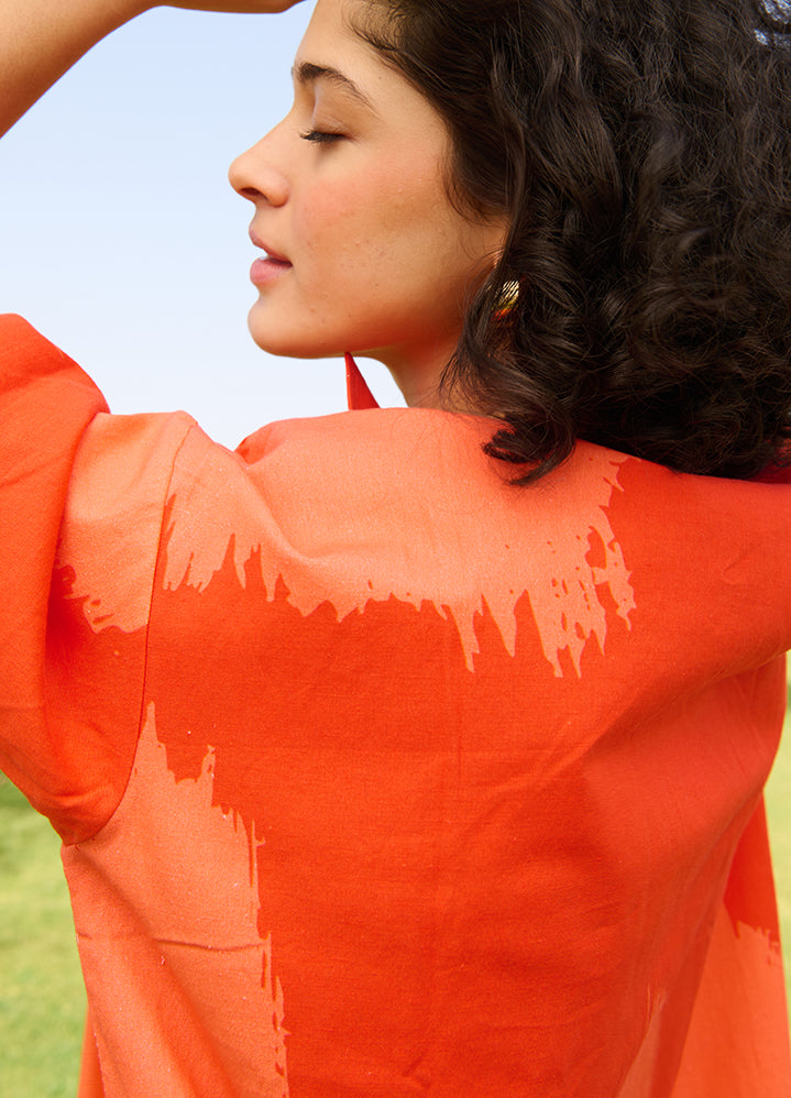 A Model Wearing Multicolor Linen Cotton Orange Brush Strokemadame Dress, curated by Only Ethikal
