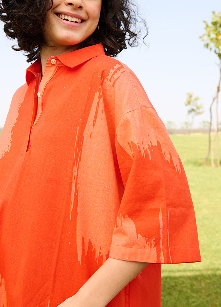 A Model Wearing Multicolor Linen Cotton Orange Brush Strokemadame Dress, curated by Only Ethikal