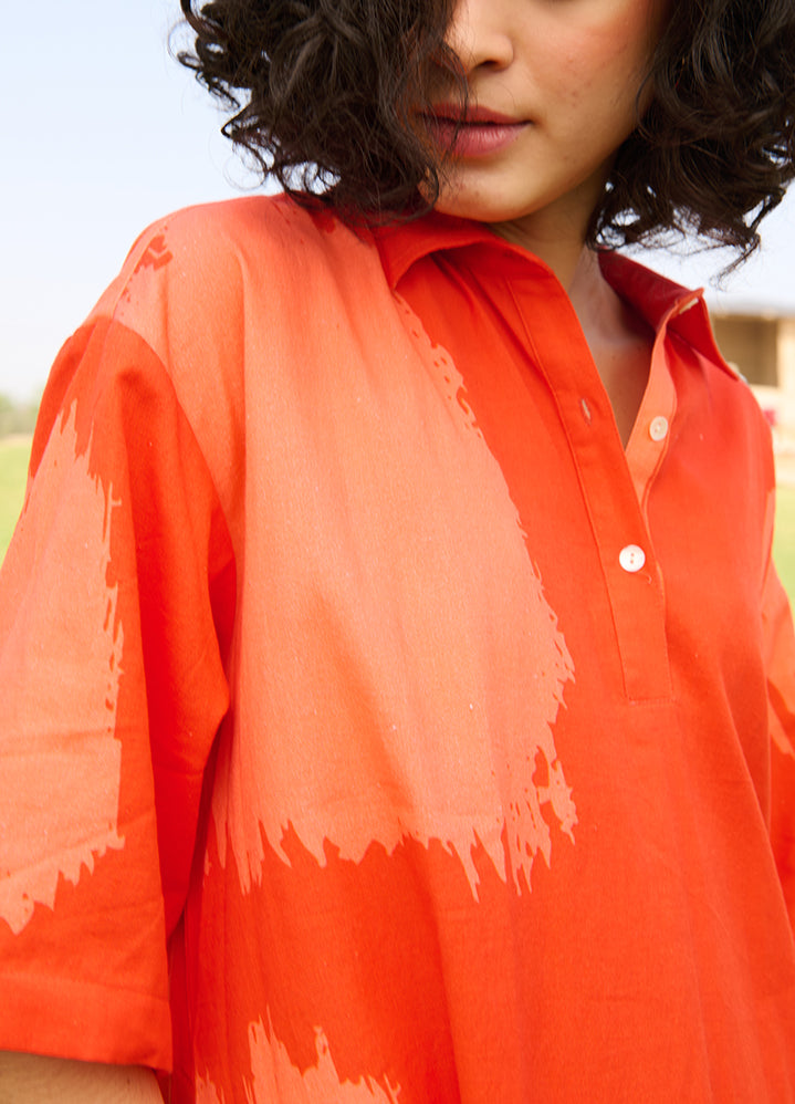 A Model Wearing Multicolor Linen Cotton Orange Brush Strokemadame Dress, curated by Only Ethikal