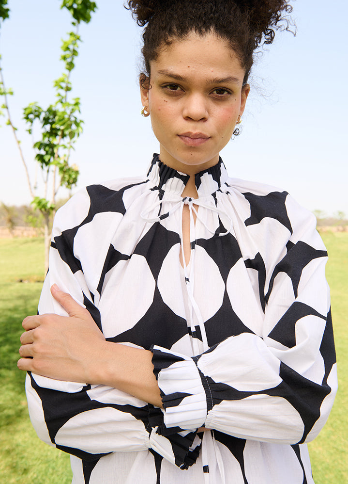 A Model Wearing Multicolor Linen Cotton Polka Whitedaisy Dress, curated by Only Ethikal