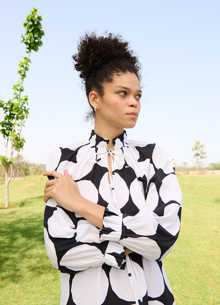 A Model Wearing Multicolor Linen Cotton Polka Whitedaisy Dress, curated by Only Ethikal