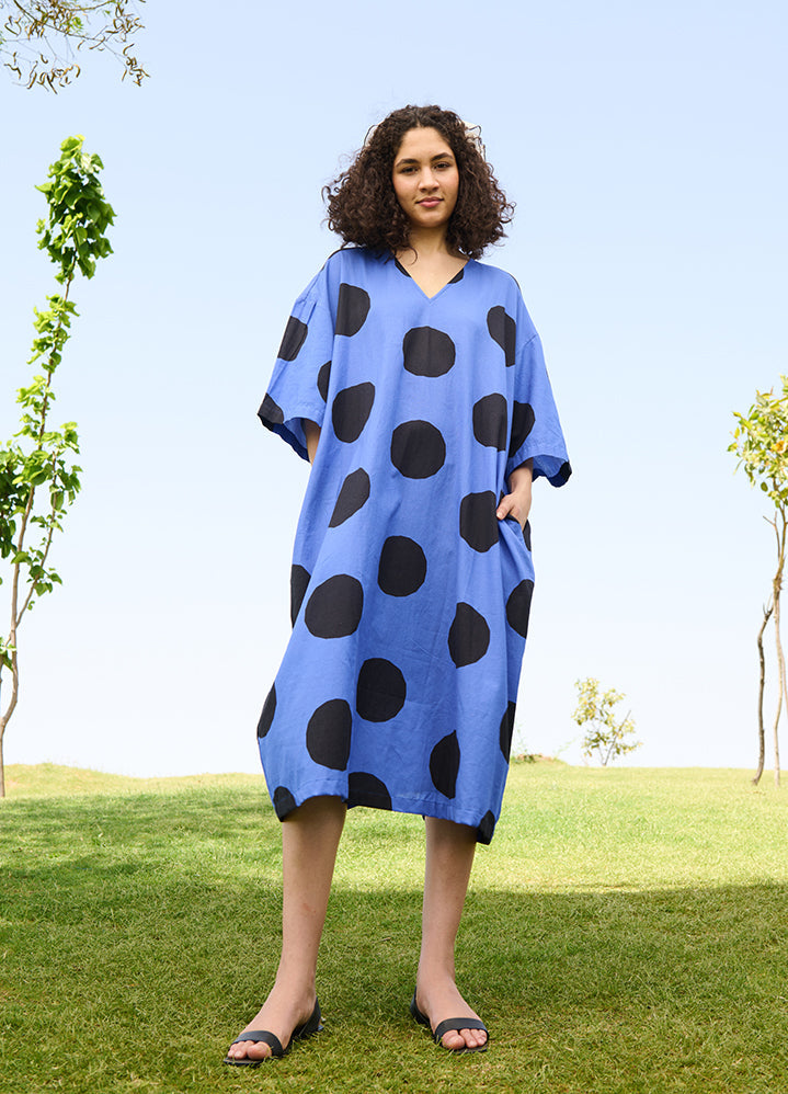 A Model Wearing Multicolor Linen Cotton Small Polka Bluemarie Dress, curated by Only Ethikal