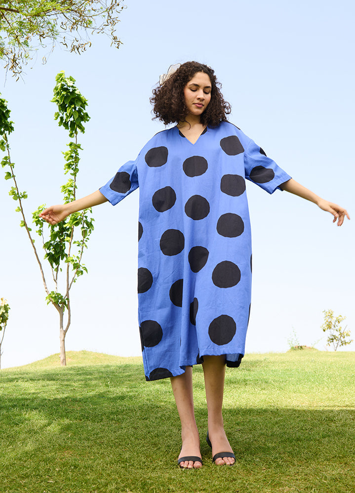 A Model Wearing Multicolor Linen Cotton Small Polka Bluemarie Dress, curated by Only Ethikal