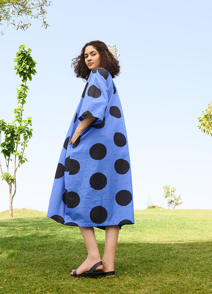 A Model Wearing Multicolor Linen Cotton Small Polka Bluemarie Dress, curated by Only Ethikal