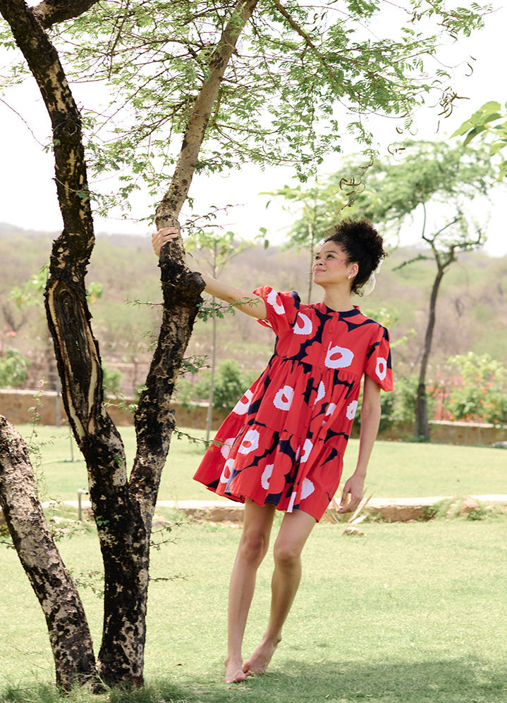 A Model Wearing Multicolor Linen Cotton Red & Black Mekkolayla Dress, curated by Only Ethikal