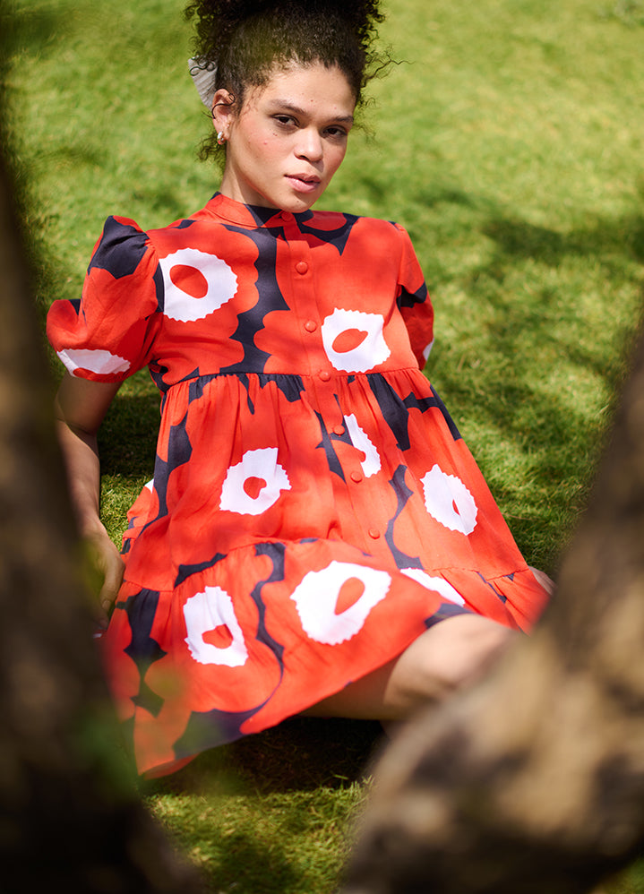 A Model Wearing Multicolor Linen Cotton Red & Black Mekkolayla Dress, curated by Only Ethikal