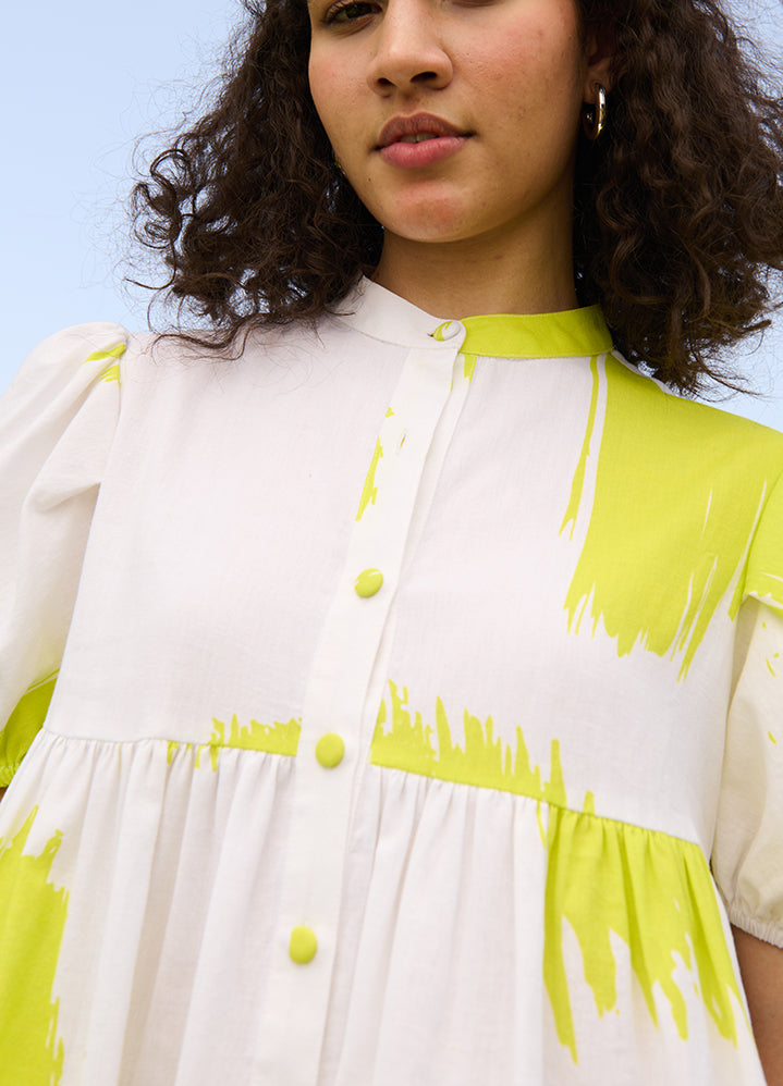 A Model Wearing Multicolor Linen Cotton Lime Brush Strokelayla Dress, curated by Only Ethikal