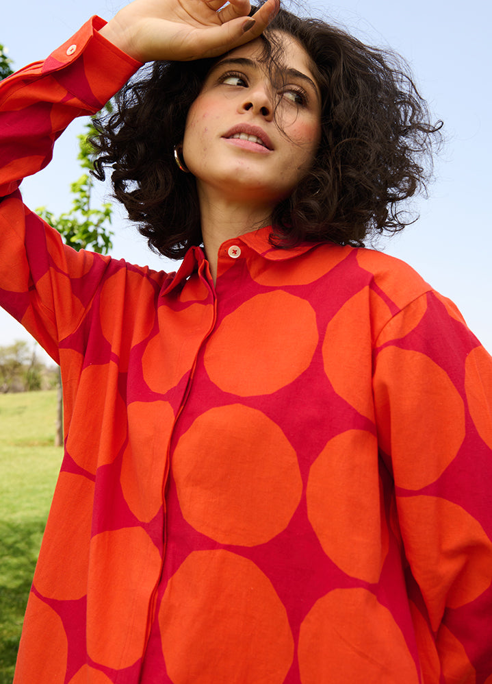 A Model Wearing Multicolor Linen Cotton Polka Red Marigold Coord Set, curated by Only Ethikal