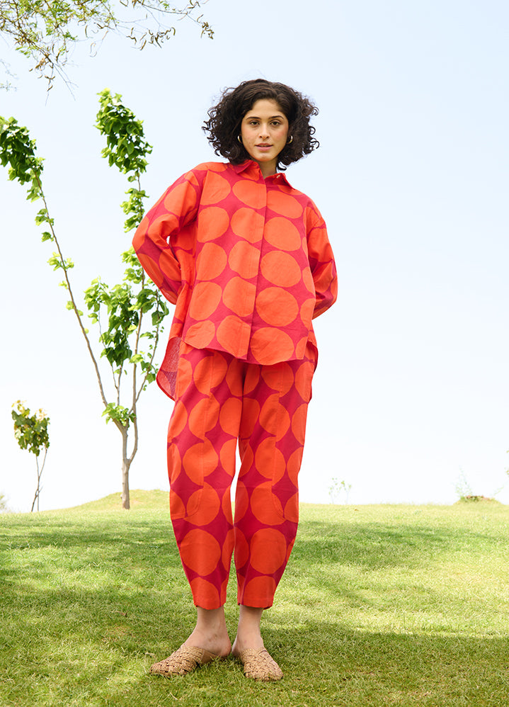 A Model Wearing Multicolor Linen Cotton Polka Red Marigold Coord Set, curated by Only Ethikal