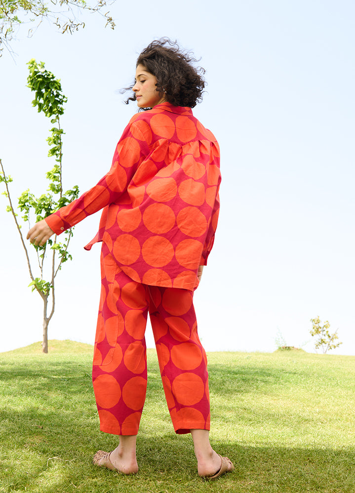 A Model Wearing Multicolor Linen Cotton Polka Red Marigold Coord Set, curated by Only Ethikal