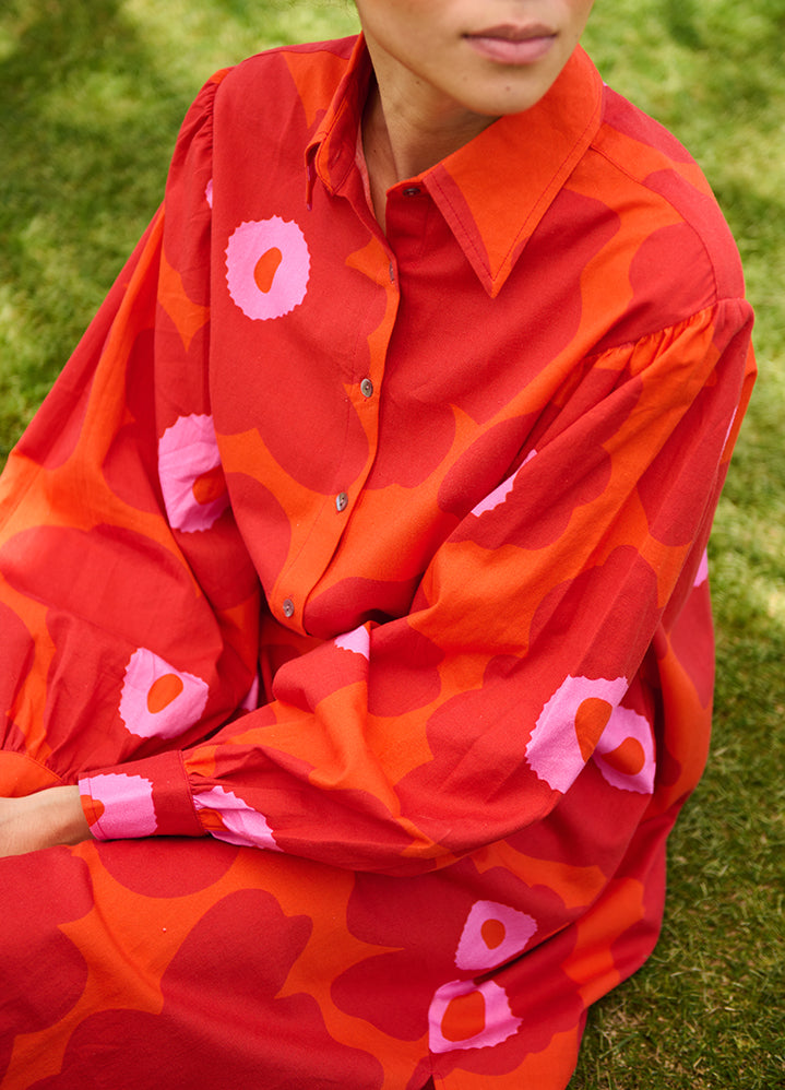 A Model Wearing Multicolor Linen Cotton Red Floral Mekkojasmine Tunic, curated by Only Ethikal