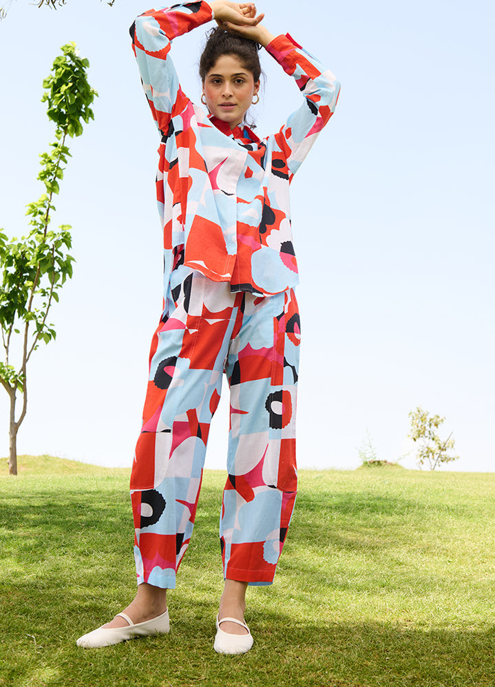 A Model Wearing Multicolor Linen Cotton Pixel Mekko (Sky & Red)Marigold Coord Set, curated by Only Ethikal