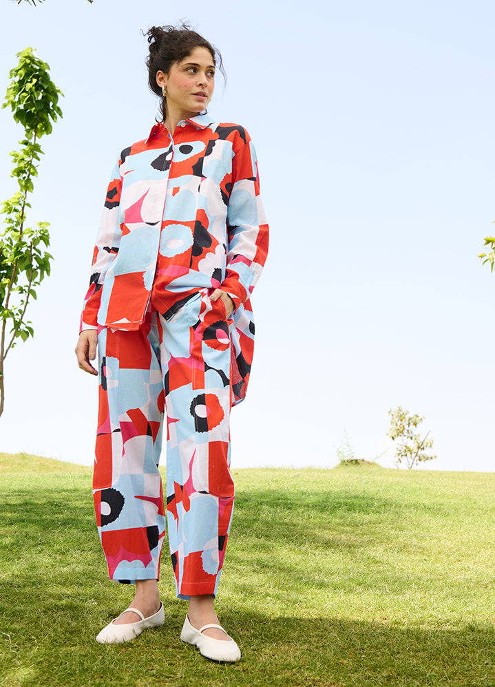 A Model Wearing Multicolor Linen Cotton Pixel Mekko (Sky & Red)Marigold Coord Set, curated by Only Ethikal