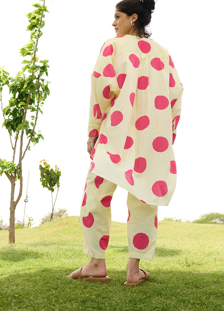 A Model Wearing Multicolor Linen Cotton Small Pink Polkapoppy Coord Set, curated by Only Ethikal