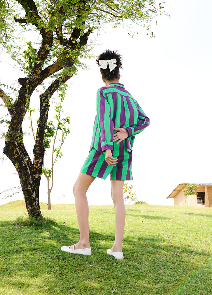 A Model Wearing Multicolor Linen Cotton Purple & Green Stripesdiana Set, curated by Only Ethikal