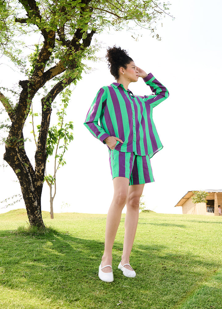 A Model Wearing Multicolor Linen Cotton Purple & Green Stripesdiana Set, curated by Only Ethikal