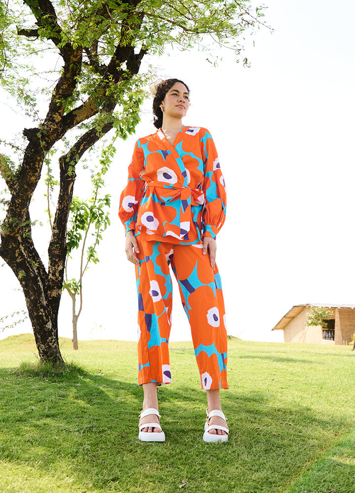 A Model Wearing Multicolor Linen Cotton Orange Mekkorosa Coord Set, curated by Only Ethikal