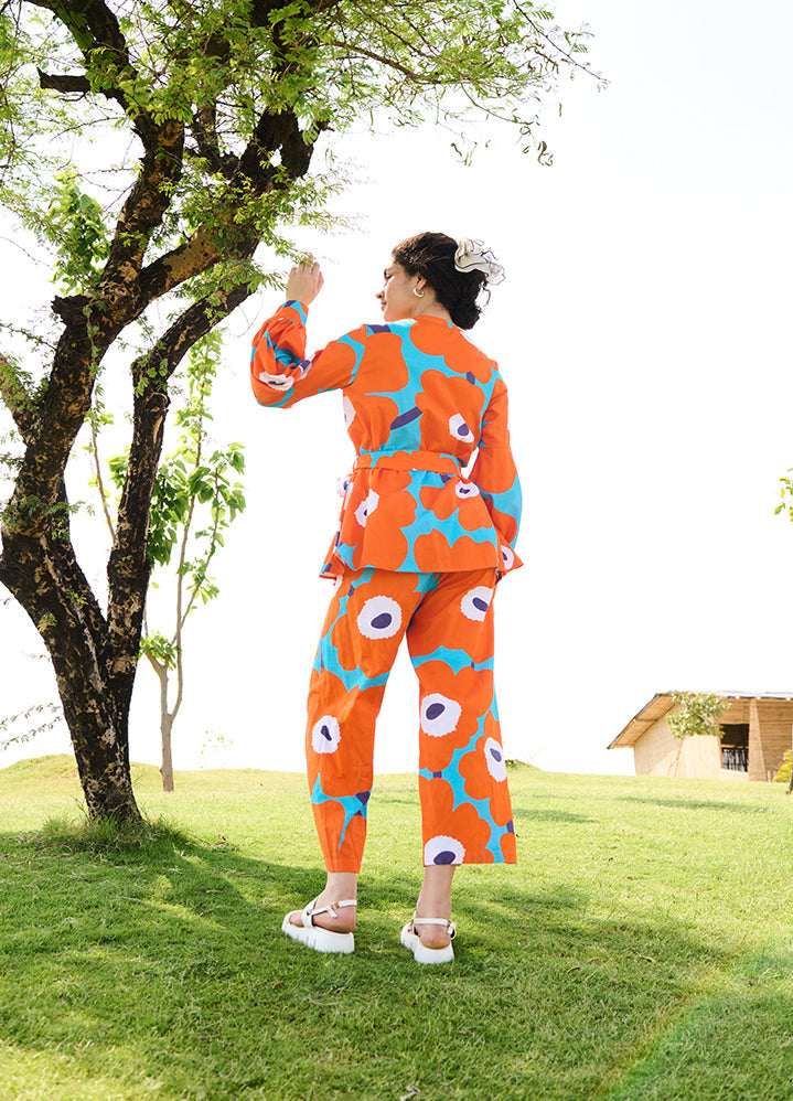 A Model Wearing Multicolor Linen Cotton Orange Mekkorosa Coord Set, curated by Only Ethikal