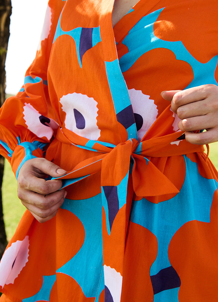 A Model Wearing Multicolor Linen Cotton Orange Mekkorosa Coord Set, curated by Only Ethikal