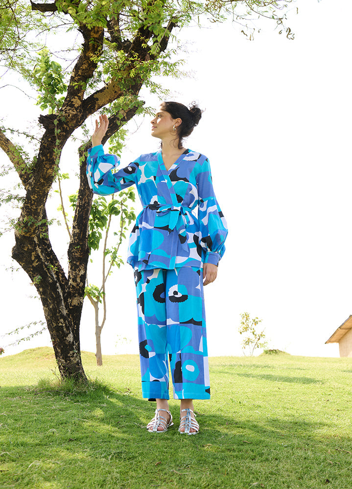 A Model Wearing Multicolor Linen Cotton Pixel Mekko (Blue & White)Rosa Coord Set, curated by Only Ethikal