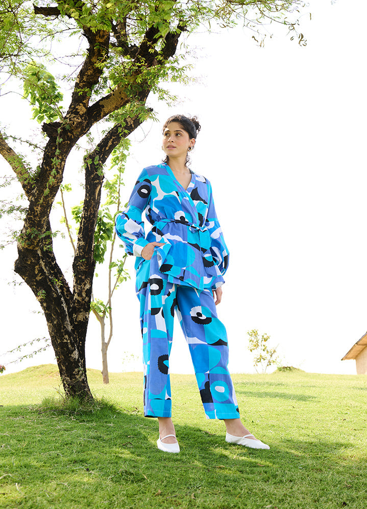 A Model Wearing Multicolor Linen Cotton Pixel Mekko (Blue & White)Rosa Coord Set, curated by Only Ethikal