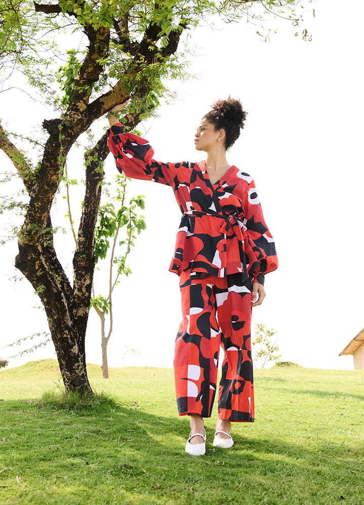 A Model Wearing Multicolor Linen Cotton Pixel Mekko (Black & Red)Rosa Coord Set, curated by Only Ethikal