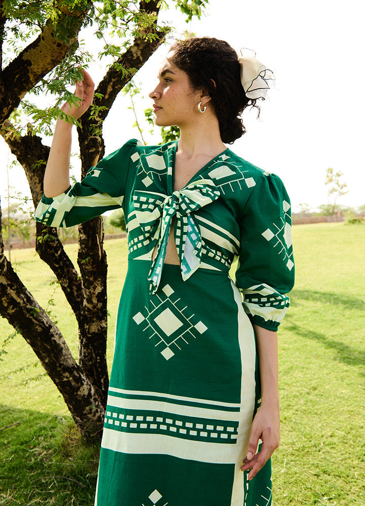 A Model Wearing Multicolor Linen Cotton Green Matchesdahlia Dress, curated by Only Ethikal