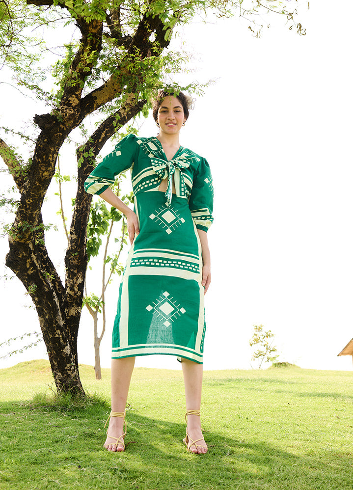 A Model Wearing Multicolor Linen Cotton Green Matchesdahlia Dress, curated by Only Ethikal