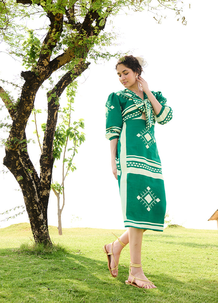 A Model Wearing Multicolor Linen Cotton Green Matchesdahlia Dress, curated by Only Ethikal