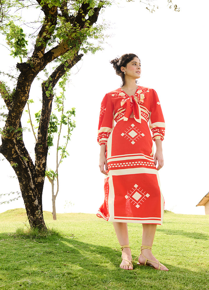 A Model Wearing Multicolor Linen Cotton Orange Matchesdahlia Dress, curated by Only Ethikal