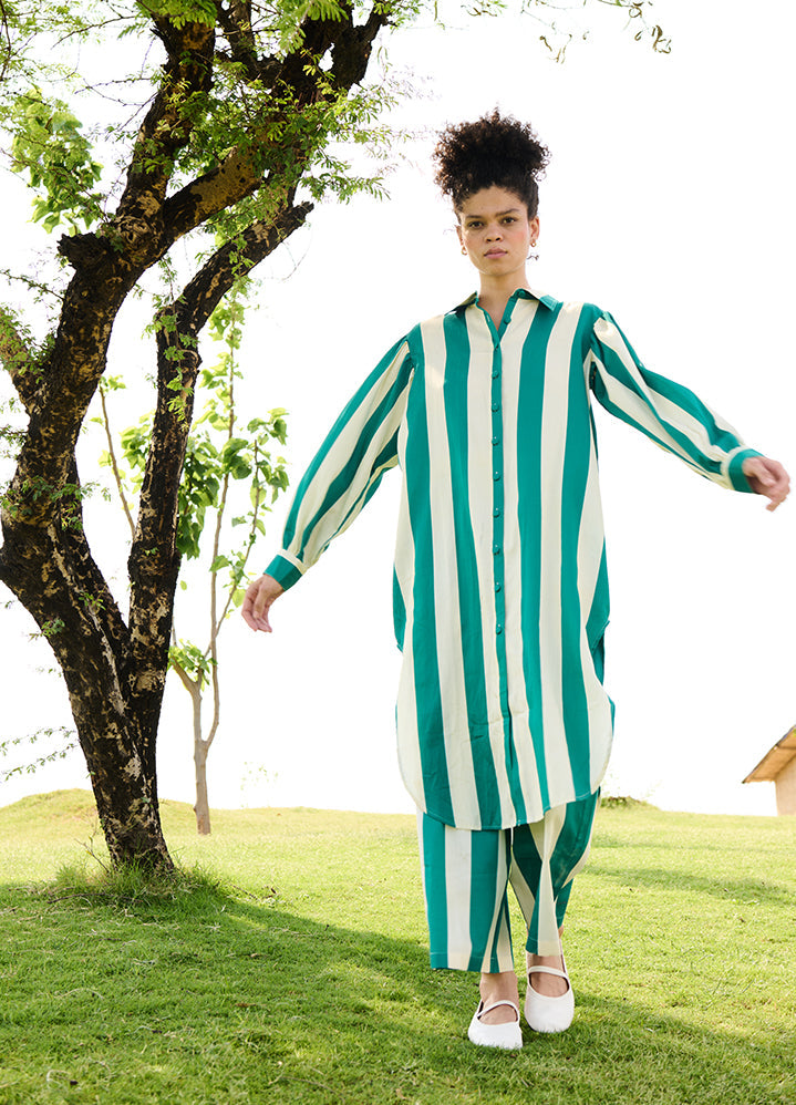 A Model Wearing Multicolor Linen Cotton Green Stripesiris Coord Set, curated by Only Ethikal