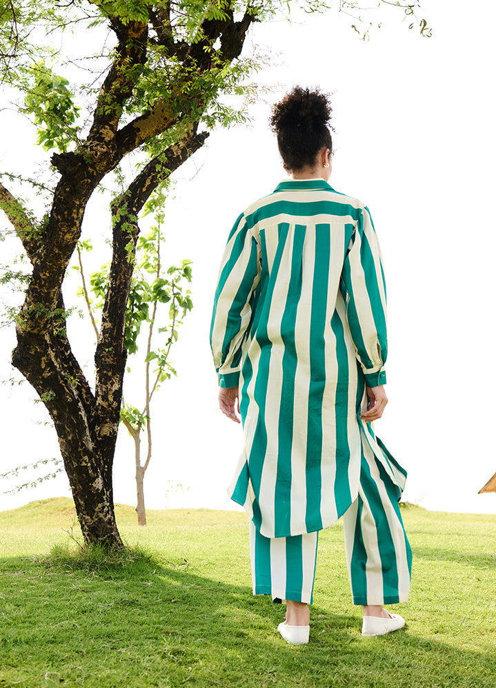 A Model Wearing Multicolor Linen Cotton Green Stripesiris Coord Set, curated by Only Ethikal