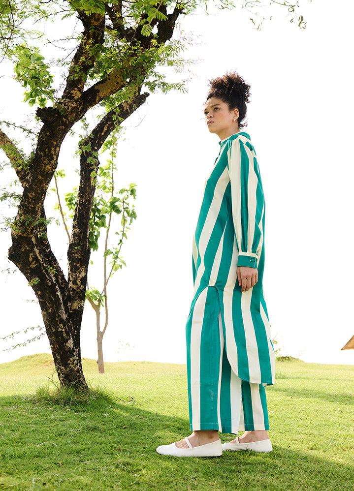 A Model Wearing Multicolor Linen Cotton Green Stripesiris Coord Set, curated by Only Ethikal