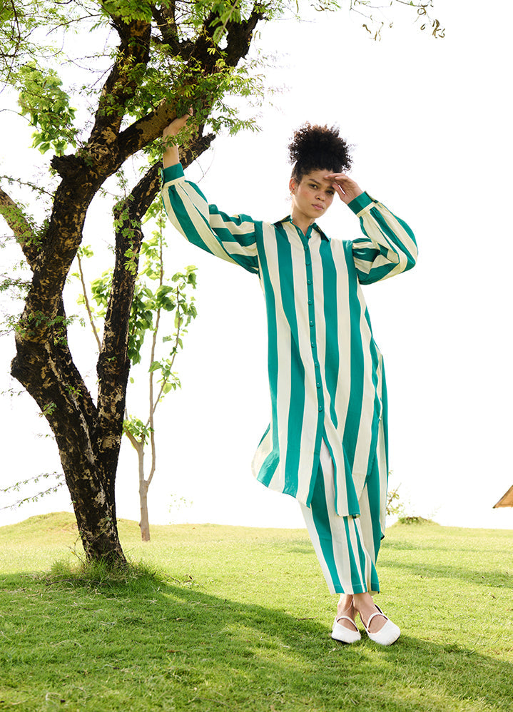 A Model Wearing Multicolor Linen Cotton Green Stripesiris Coord Set, curated by Only Ethikal