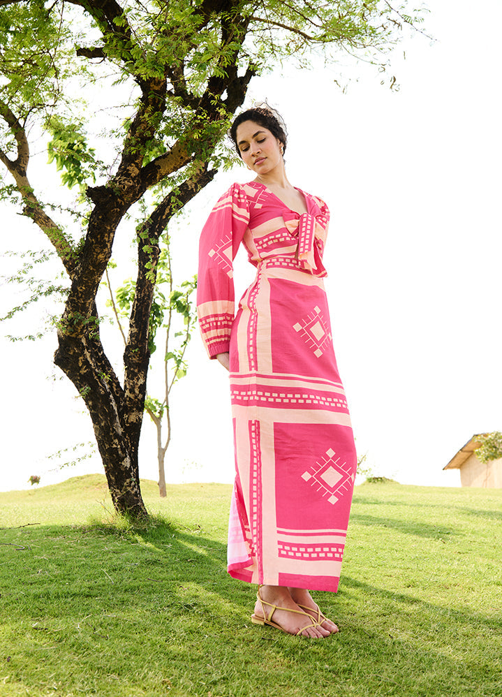 A Model Wearing Multicolor Linen Cotton Pink Matchesdahlia Dress, curated by Only Ethikal