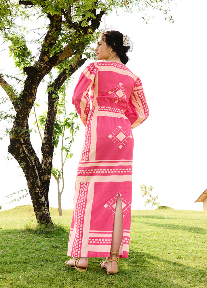 A Model Wearing Multicolor Linen Cotton Pink Matchesdahlia Dress, curated by Only Ethikal