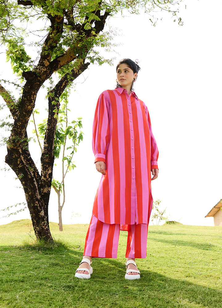 A Model Wearing Multicolor Linen Cotton Bubblegum Stripesiris Coord Set, curated by Only Ethikal