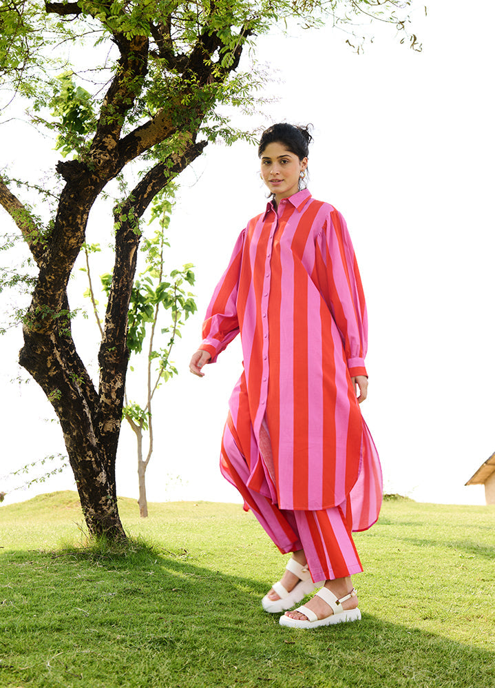 A Model Wearing Multicolor Linen Cotton Bubblegum Stripesiris Coord Set, curated by Only Ethikal