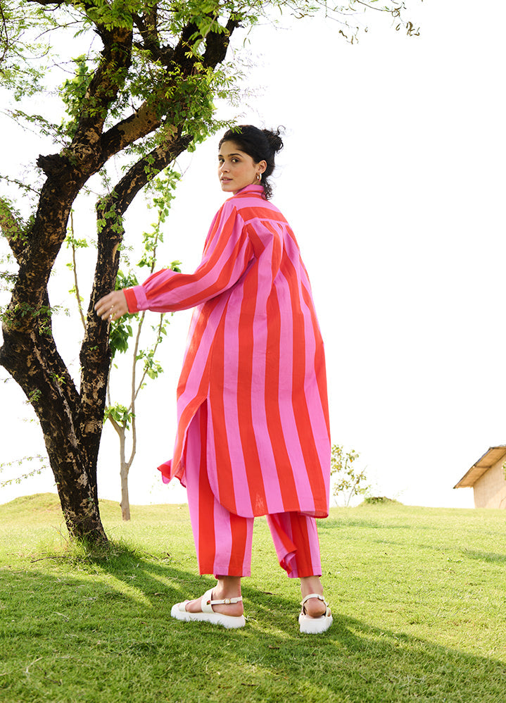 A Model Wearing Multicolor Linen Cotton Bubblegum Stripesiris Coord Set, curated by Only Ethikal