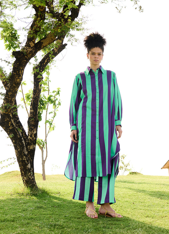 A Model Wearing Multicolor Linen Cotton Purple & Green Stripesiris Coord Set, curated by Only Ethikal